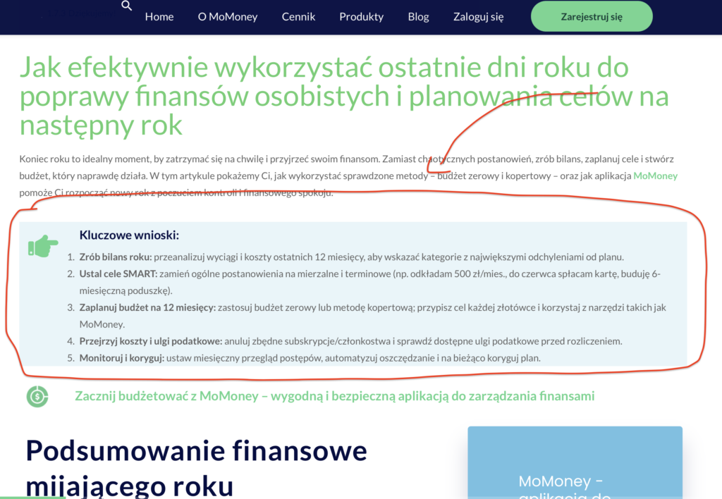 Zrzut przykładowego wpisu na blogu MoMoney.pl z odręcznie zaznaczonym czerwonym kółkiem wokół bloku „Kluczowe wnioski": jasnoniebieska ramka z ikoną wskazującej dłoni, pięć numerowanych punktów z pogrubionym słowem kluczowym na początku każdego