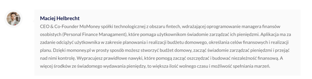 rzut podpisu autora na MoMoney.pl: zdjęcie profilowe, imię i nazwisko Maciej Helbrecht, funkcja CEO & Co-Founder MoMoney, krótki opis firmy i misji produktu