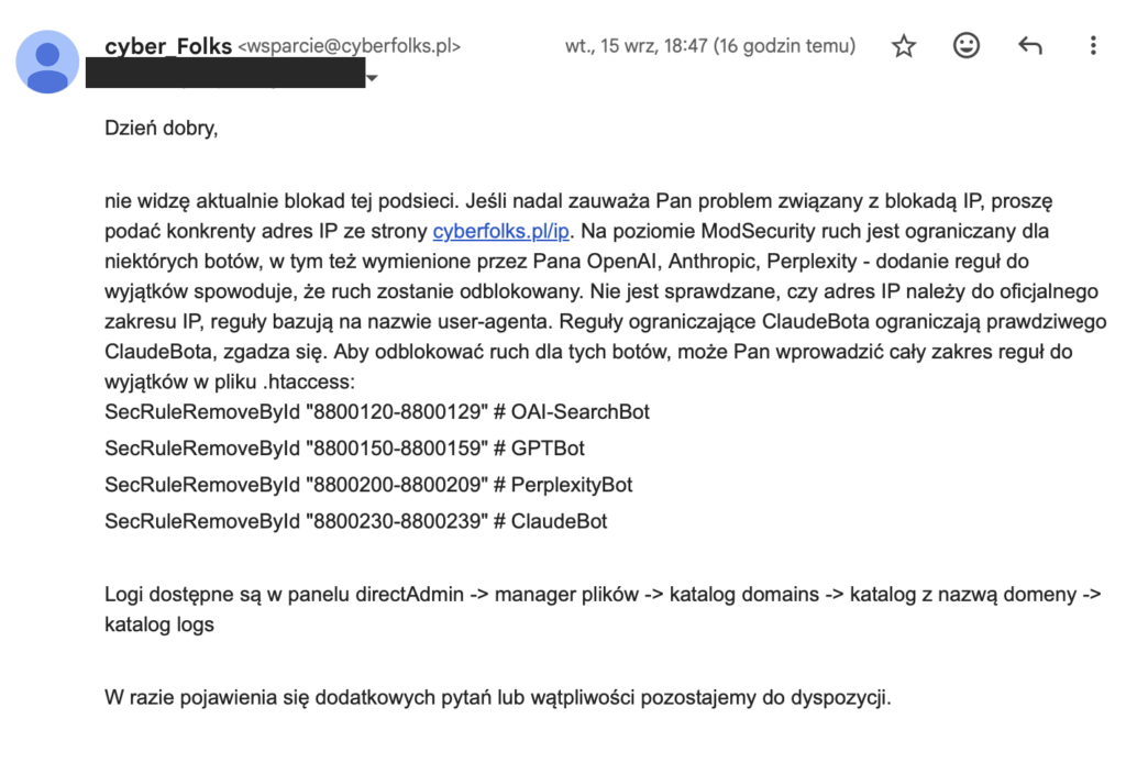Fragment maila od supportu technicznego Cyberfolks potwierdzający, że reguły ModSecurity blokują ruch botów AI (GPTBot, ClaudeBot, PerplexityBot) na podstawie samej nazwy User-Agent, bez weryfikacji adresu IP